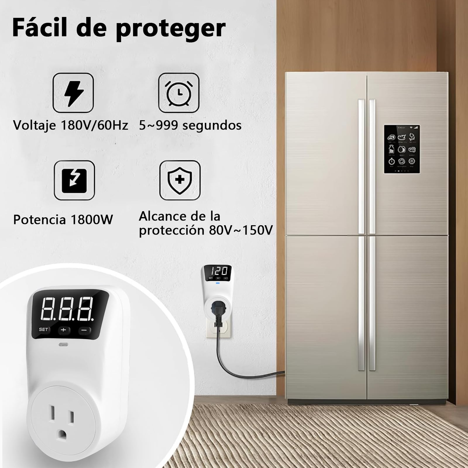 Regulador de Voltaje y Protector 1800W con Pantalla Digital para Refrigerador y Lavadora 15A, voltaje de salida es 150V