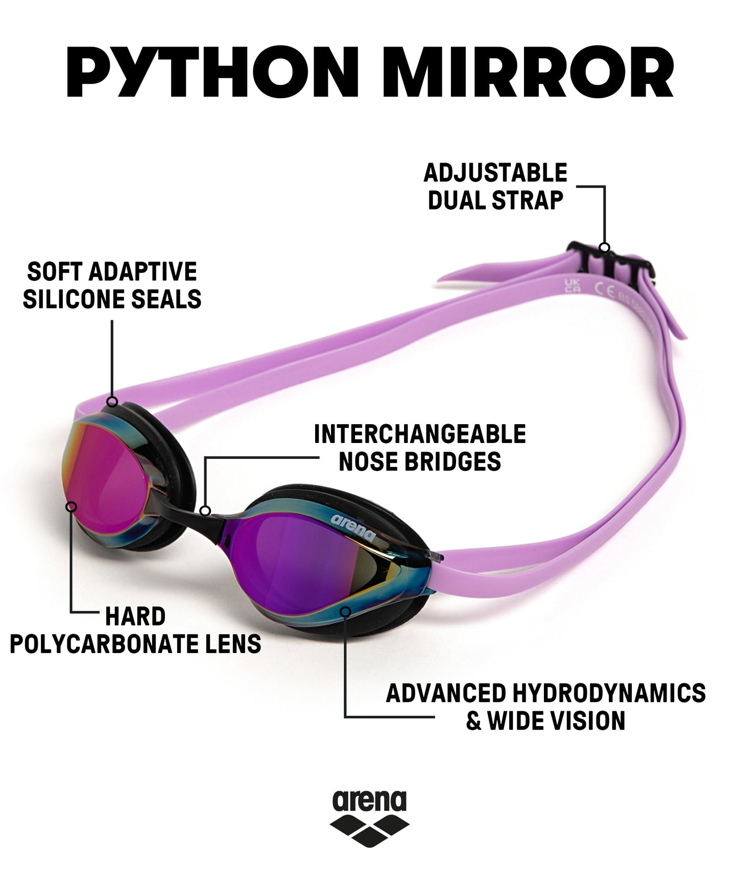 ARENA - anteojos de natación unisex para adultos, para hombres y mujeres, lentes de espejo antivaho, máxima comodidad, doble correa, violeta/negro/violeta