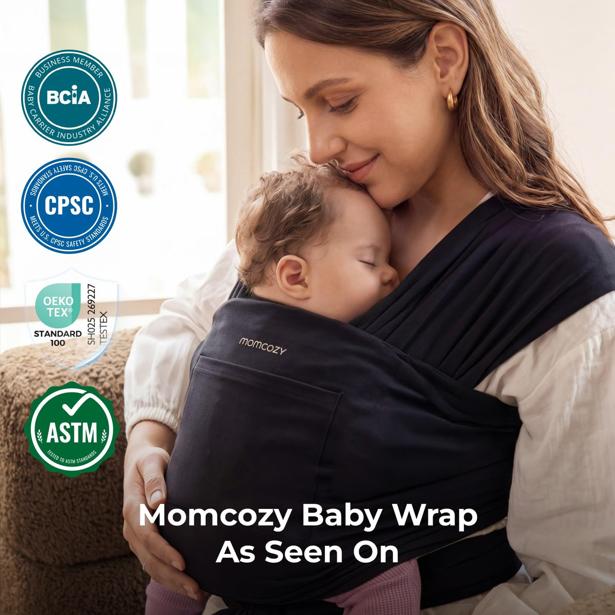Momcozy Fular Portabebé, Fulares Infantiles Fáciles de Usar, Fular Ligero y Manos Libres, Portabebés Ajustables para Recién Nacidos hasta Niños Pequeños de 3.5-15kg, Negro