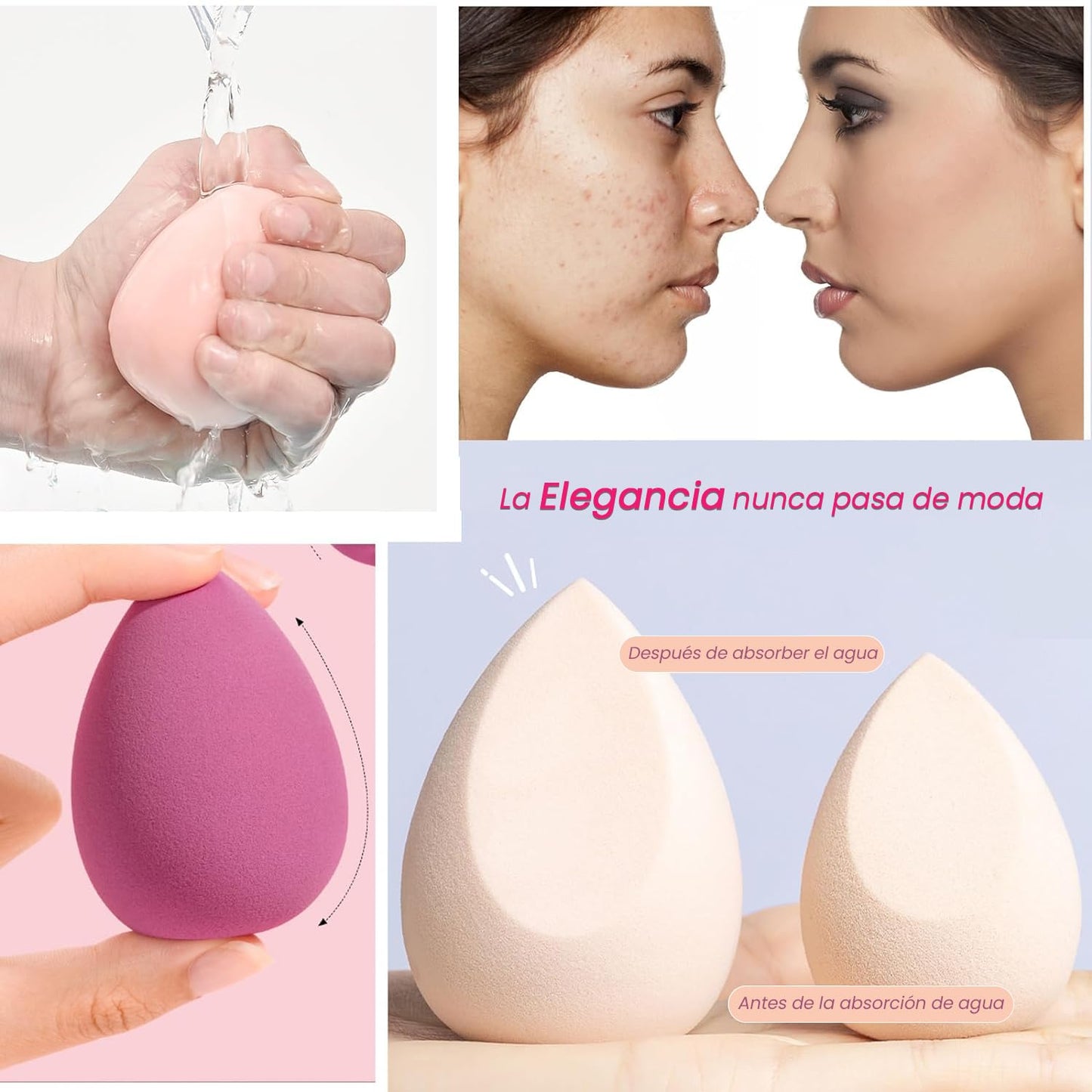 Esponja maquillaje beauty blender, set de 8 piezas, varias formas, uso húmedo y seco, ideal para maquillaje facial. Completa tu rutina con estas esponjas faciales de alta calidad en color rosa.