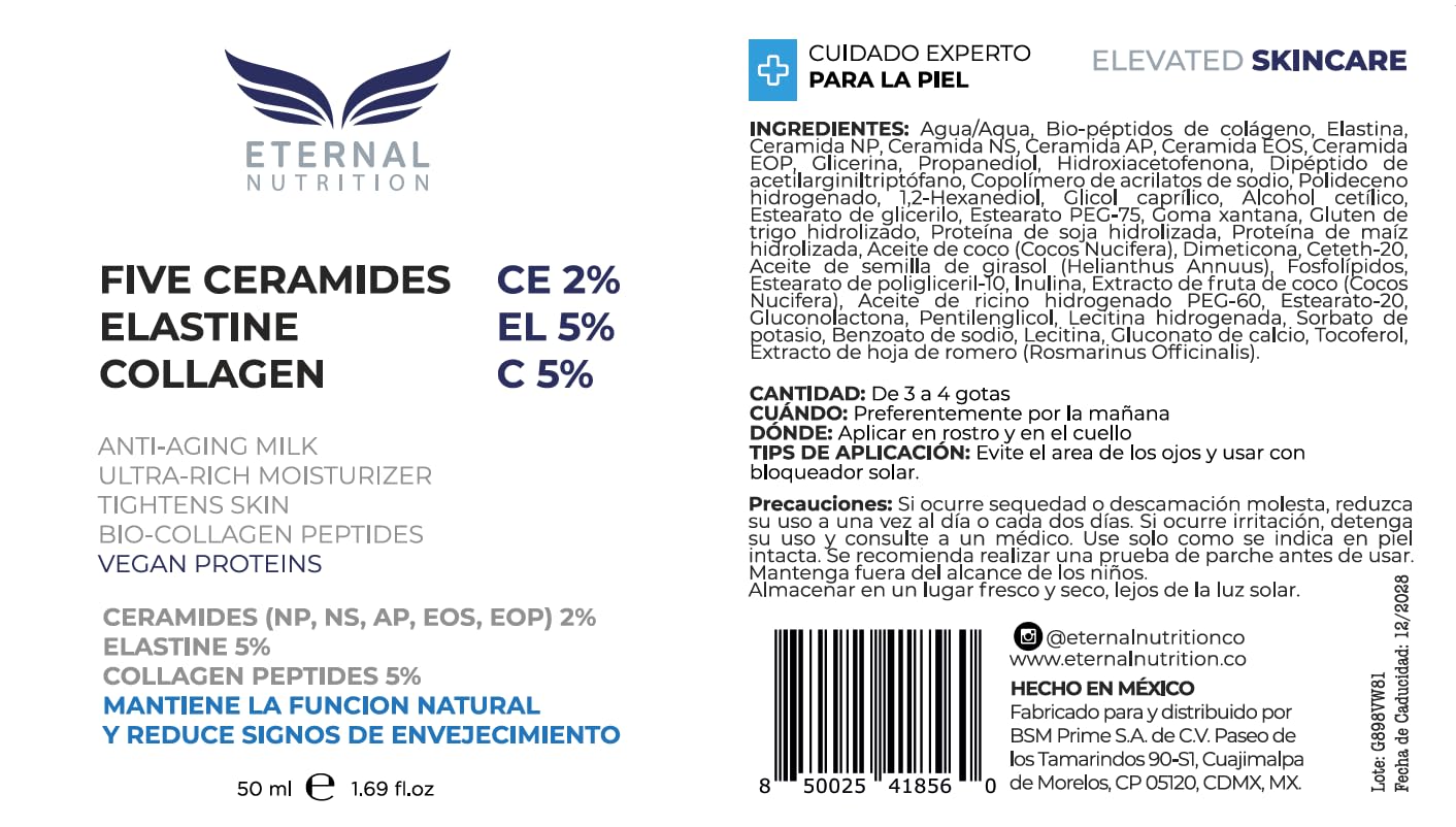 Serum FIVE CERAMIDES 2%, Elastine 5%, Collagen 5%. 50 ml. Suero Hidratante Contra Envejecimiento Célular | Ingredientes Naturales | Skin Care | Piel Sana y Joven Uniforme | Textura Ligera | Para Todo Tipo de Piel by ETERNAL NUTRITION