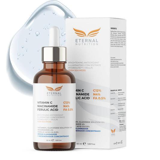 Serum VITAMIN C12%, Nacinamide 4%, Ferulic Acid 0.5%. 50ml. Suero Antimanchas e imperfecciones | Ingredientes Naturales | Skin Care | Luminosidad, Hidratación, Firmeza y Tono Uniforme | Para Todo Tipo de Piel by ETERNAL NUTRITION