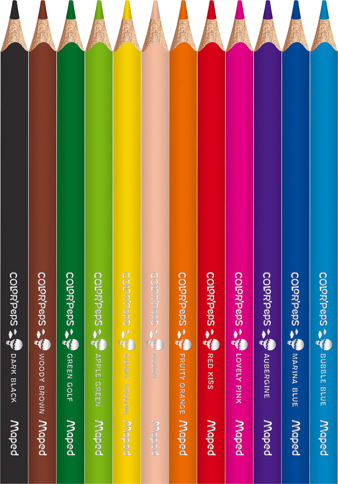 Maped Color'Peps - Lápices de madera para colorear, mina suave y resistente, triangular para un mejor agarre, fácil de usar, 12 colores brillantes jumbo de 4,7 mm