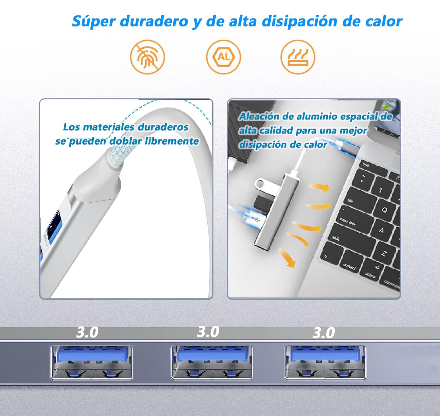 Adaptador USB C 4 en 2 Podero Ultradelgado con Hub USB 3.0 de 4 Puertos en USB A