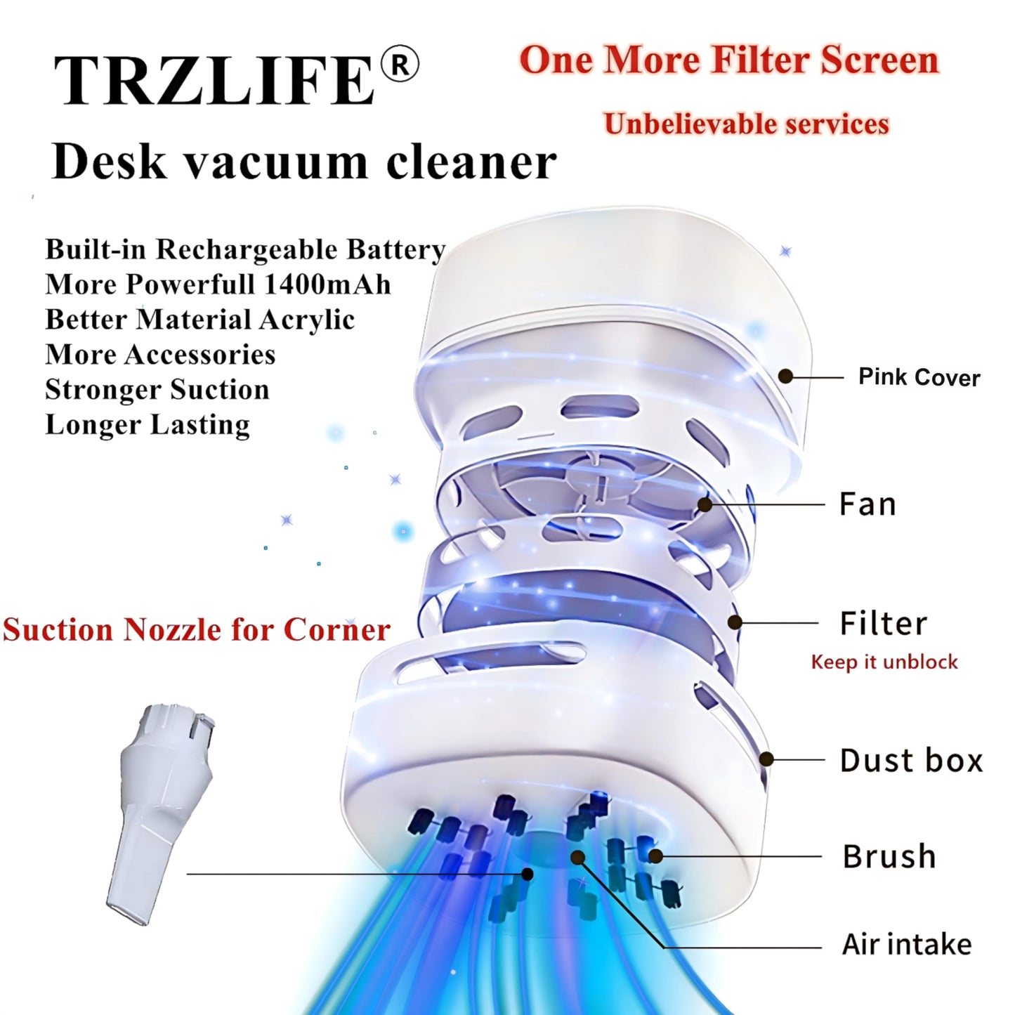 Aspiradora de Escritorio TRZLIFE Blanco Mini Succión Duradera Recargable