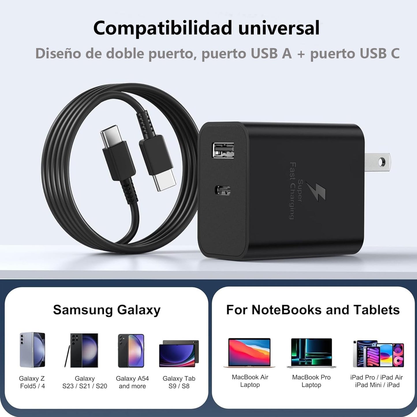 Cargador 45w Carga Rápida, para Samsung Galaxy S23/S24, PD 2 Puertos, USB C+USB A con 1.8M Cable USB c Carga rapida,Cargador Carga rapida