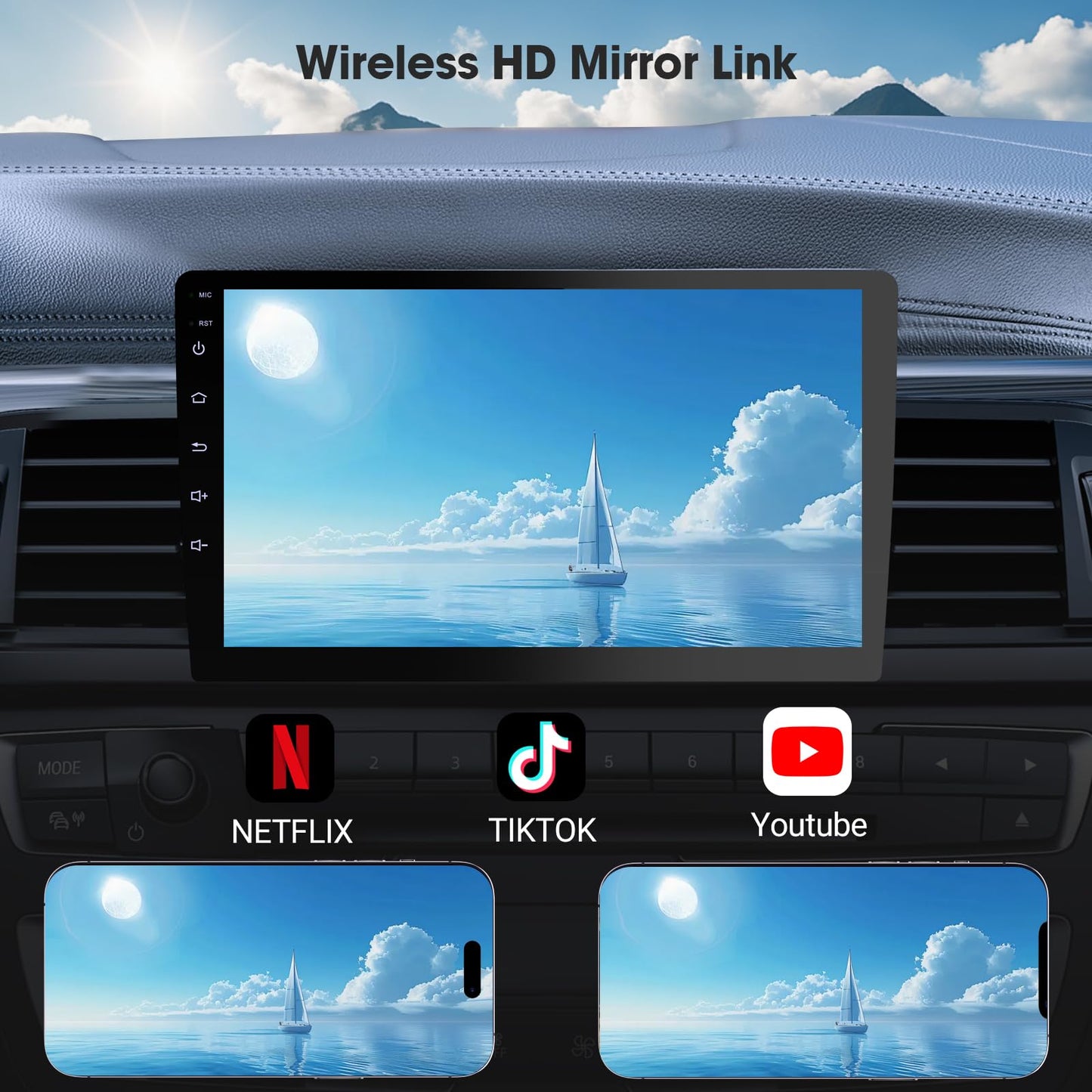 Estéreo inalámbrico de doble DIN para coche con Apple CarPlay/Android Auto, visualización Carplay para coche, control de voz con cámara de respaldo, Bluetooth, navegación, enlace de espejo (9 pulgadas