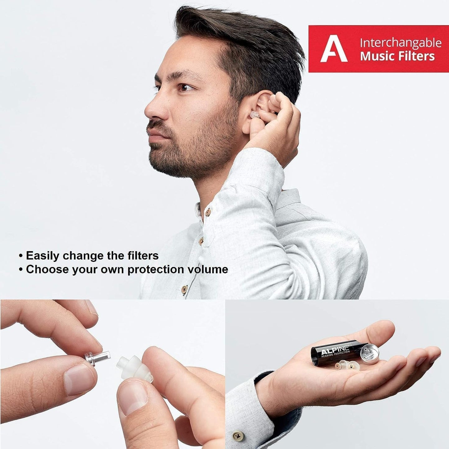 Alpine MusicSafe Tapones para los oídos para músicos - Mejora tu experiencia musical con dos filtros intercambiables - Protección auditiva Hipoalergénico - Tapones reutilizables - Transparente