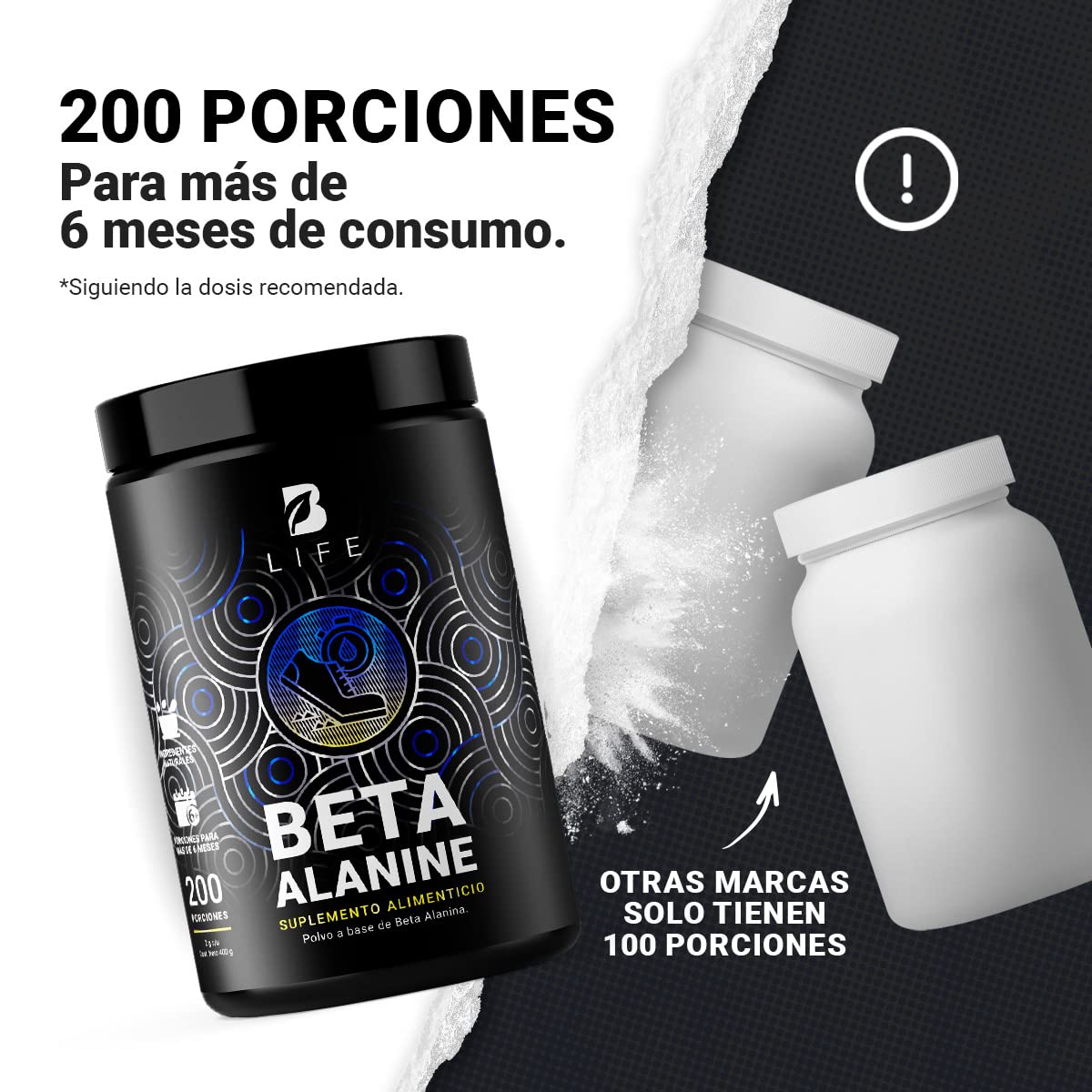 Beta Alanina en polvo 200 Servicios. Ingredientes naturales. Beta Alanine 400 Gramos B Life.
