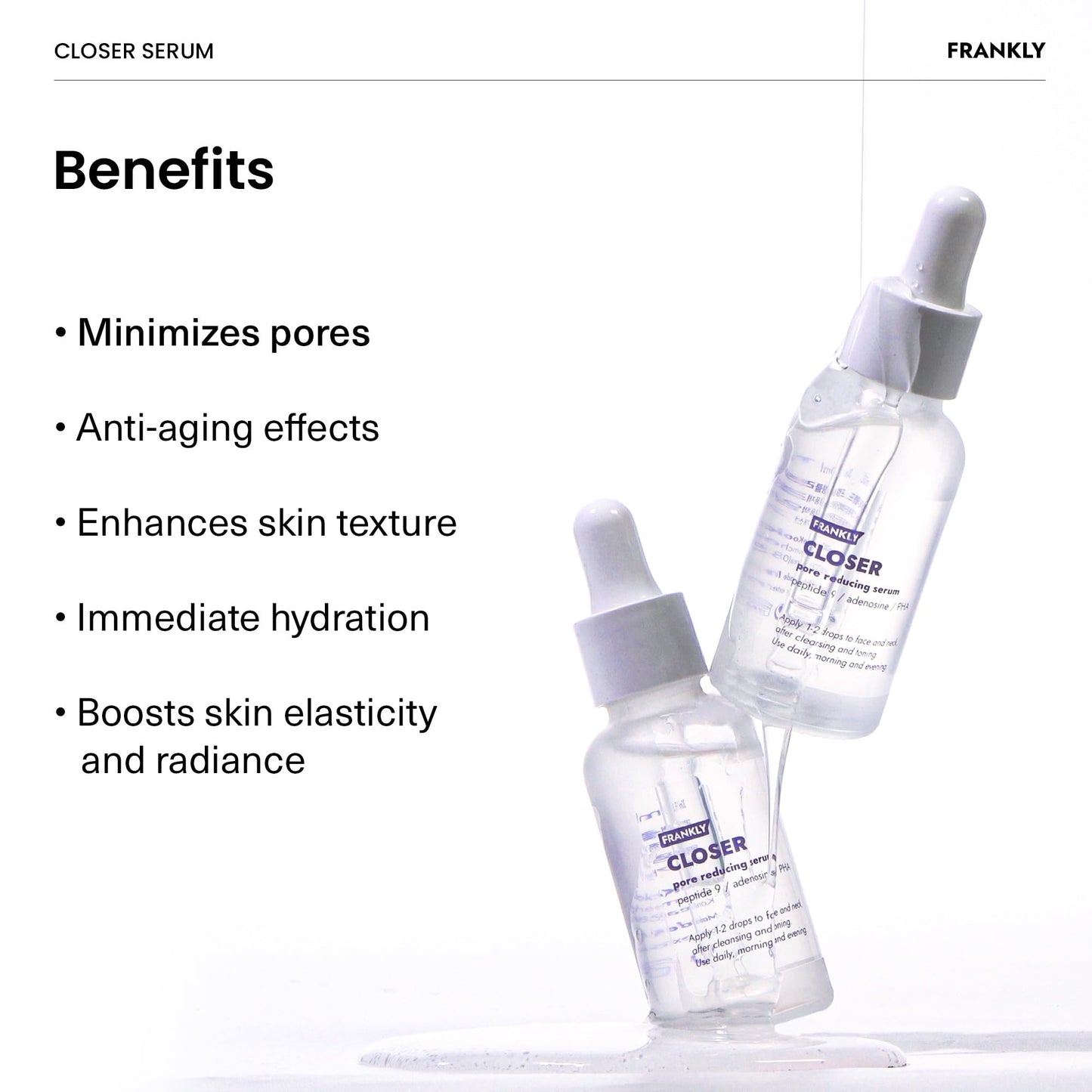 Suero Frankly Closer Mega Jumbo 3,38 fl.oz. Minimizador de poros, antienvejecimiento, elasticidad, hidratación, piel tersa | 9 péptidos, colágeno vegano, PHA | No comedogénico y dermatológicamente