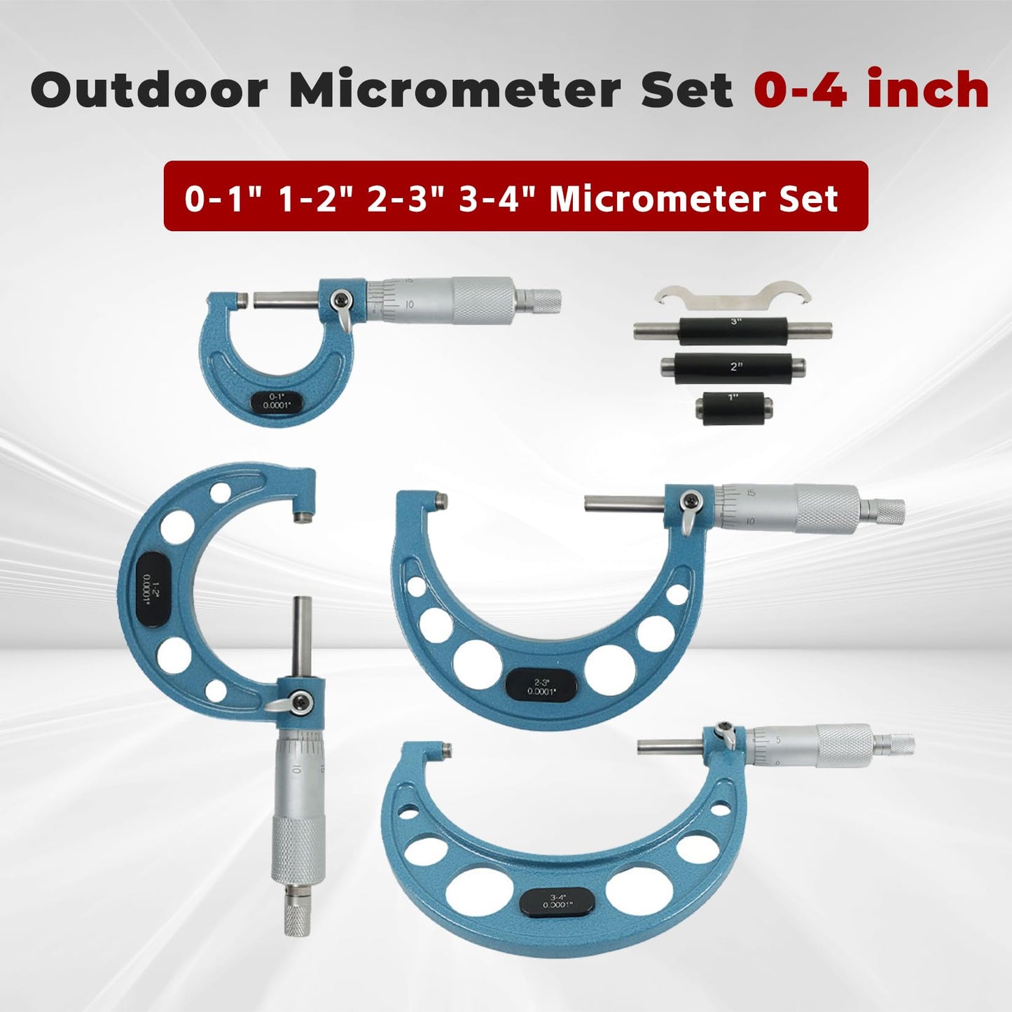findmall - Juego de 4 micrómetros para exteriores de 0 a 4 pulgadas, 0 pulgadas, 0 a 1 pulgada, 1 a 2 pulgadas, 2 a 3 pulgadas, 3 a 4 pulgadas