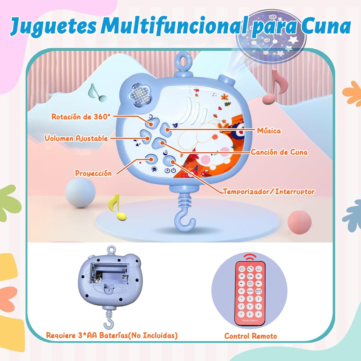 FHZLAJ Móvil para Cuna de Bebé, Móvil de Cama Decoración Infantil con Música Luz Nocturna Rotación 360°Control Remoto Proyección de Estrellas, Juguetes Colgantes Giratorios Regalo para Recién Nacidos