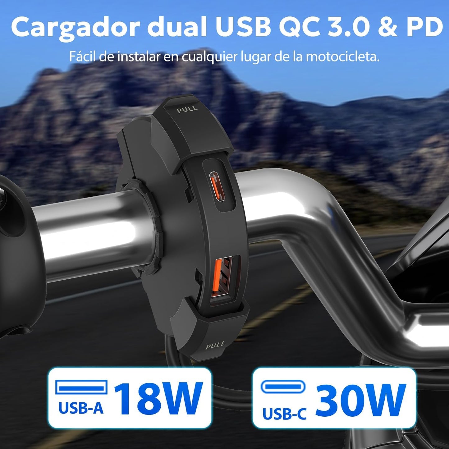 CYMUM - Cargador USB de teléfono para Motocicleta, USB Tipo c 30W PD Carga rápida 3.0 Cargador USB para Motocicleta Instalar en el Manillar