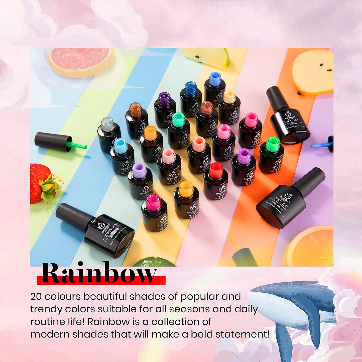 Beetles 20 Colores Arco Iris Verano Kit de Esmalte en Gel Lámpara LED de Remojo Juego de Esmaltes en Gel Nude Con Purpurina Con Capa Base de Gel Superior Brillante y Mate