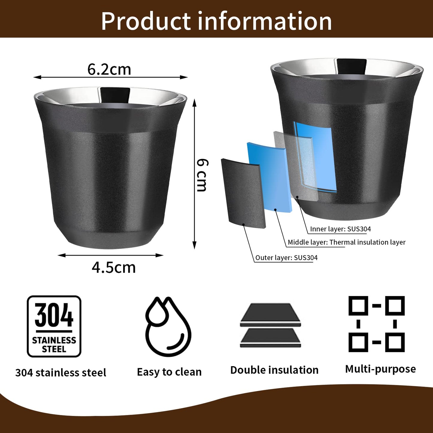 Tazas de Espresso de Acero Inoxidable Aislantes 2 Piezas 2.7oz