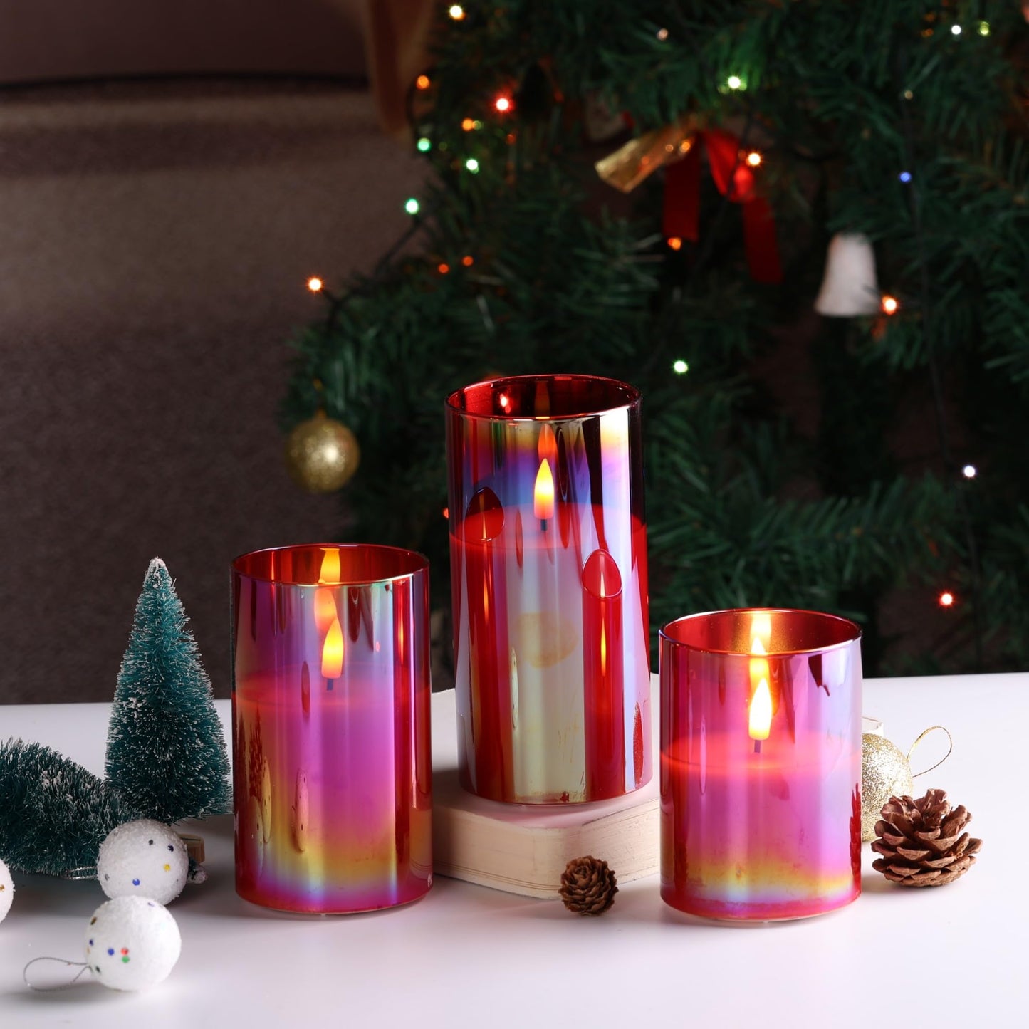 Eywamage - Juego de 3 velas led de vidrio rojo sin llama con control remoto, batería parpadeante