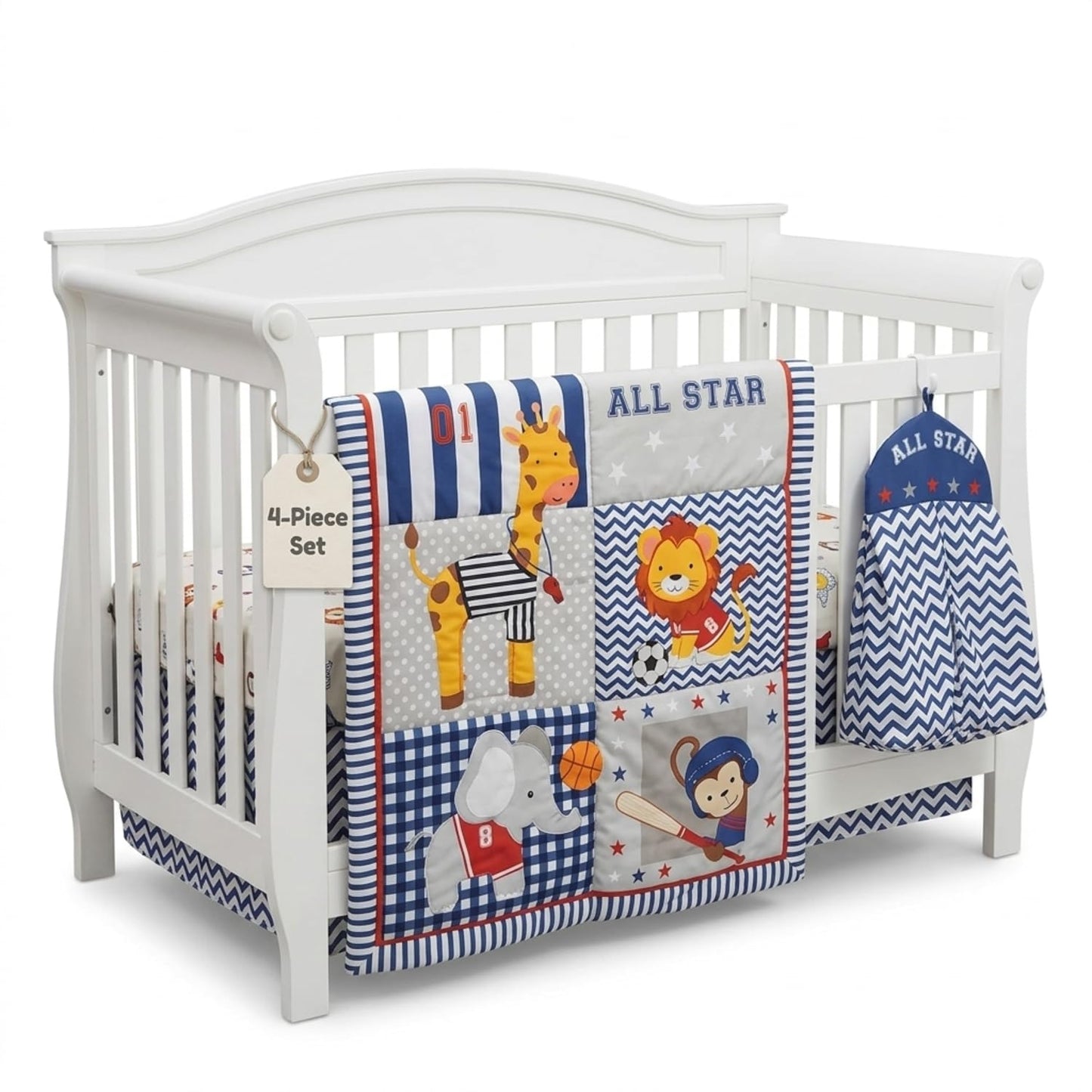 EVERYDAY KIDS - Juego de ropa de cama para cuna de 4 piezas para niños, diseño de selva, suave percal 100% algodón, incluye edredón, sábana bajera, volantes y apilador de pañales, juego de ropa de