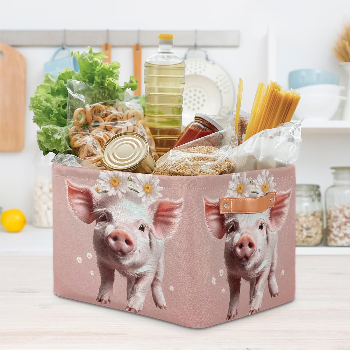 AUUXVA Seulife - Cesta de almacenamiento plegable con diseño de cerdo y flores, tamaño grande, plegable, organizador de almacenamiento con asas para cuarto de baño, guardería, guardería, armario, 1 paquete