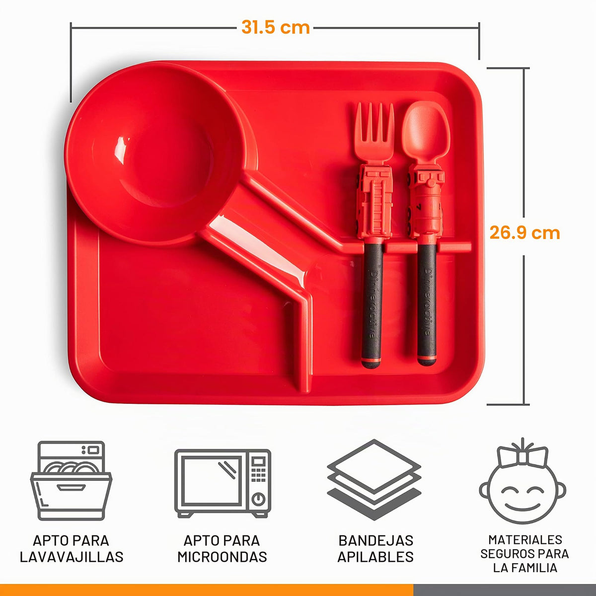 Dinneractive - Juego de comedor para niños, 3 piezas de vajilla de bombero rojo, utensilios de camión de bomberos, platos para niños pequeños, platos para bebés