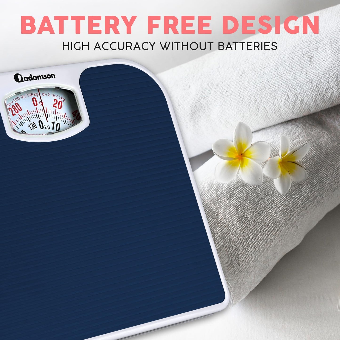 Adamson - Báscula analógica A21 para peso corporal, hasta 300 libras, nueva versión, superficie de goma antideslizante, números grandes, báscula de baño analógica, asequible, duradera con garantía de