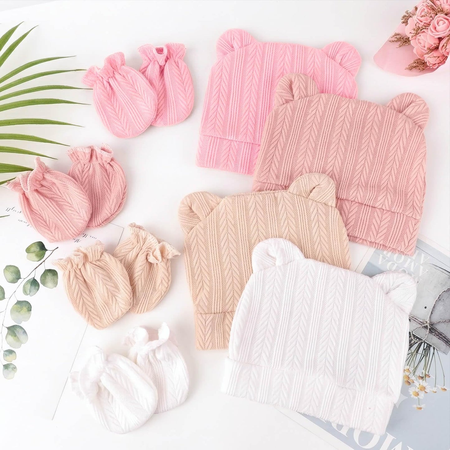 BQUBO - Juego de sombreros para bebé recién nacido, orejas de oso y manoplas, gorras para bebés y niñas, gorro de hospital para bebés de 0 a 3 meses, 4 juegos P: sombreros y manoplas de oreja de oso