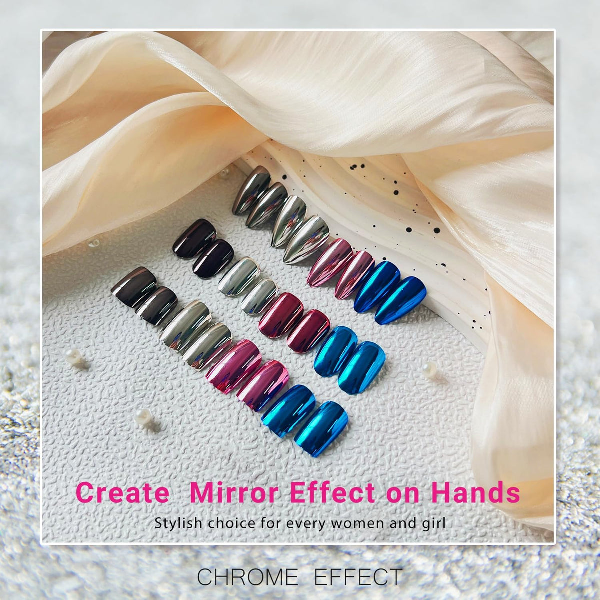 Uñas postizas de metal con efecto espejo, cuadradas, cortas, con acabado cromado, de gel, brillantes, acrílicas, reutilizables, gruesas, para mujer, con pegamento