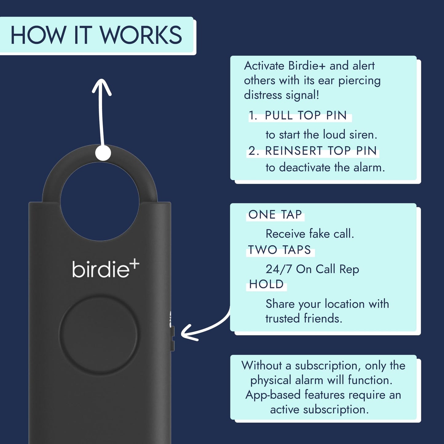 Alarma de Seguridad Personal Inteligente Birdie Azul con Sirena Fuerte y Bluetooth para Mujer