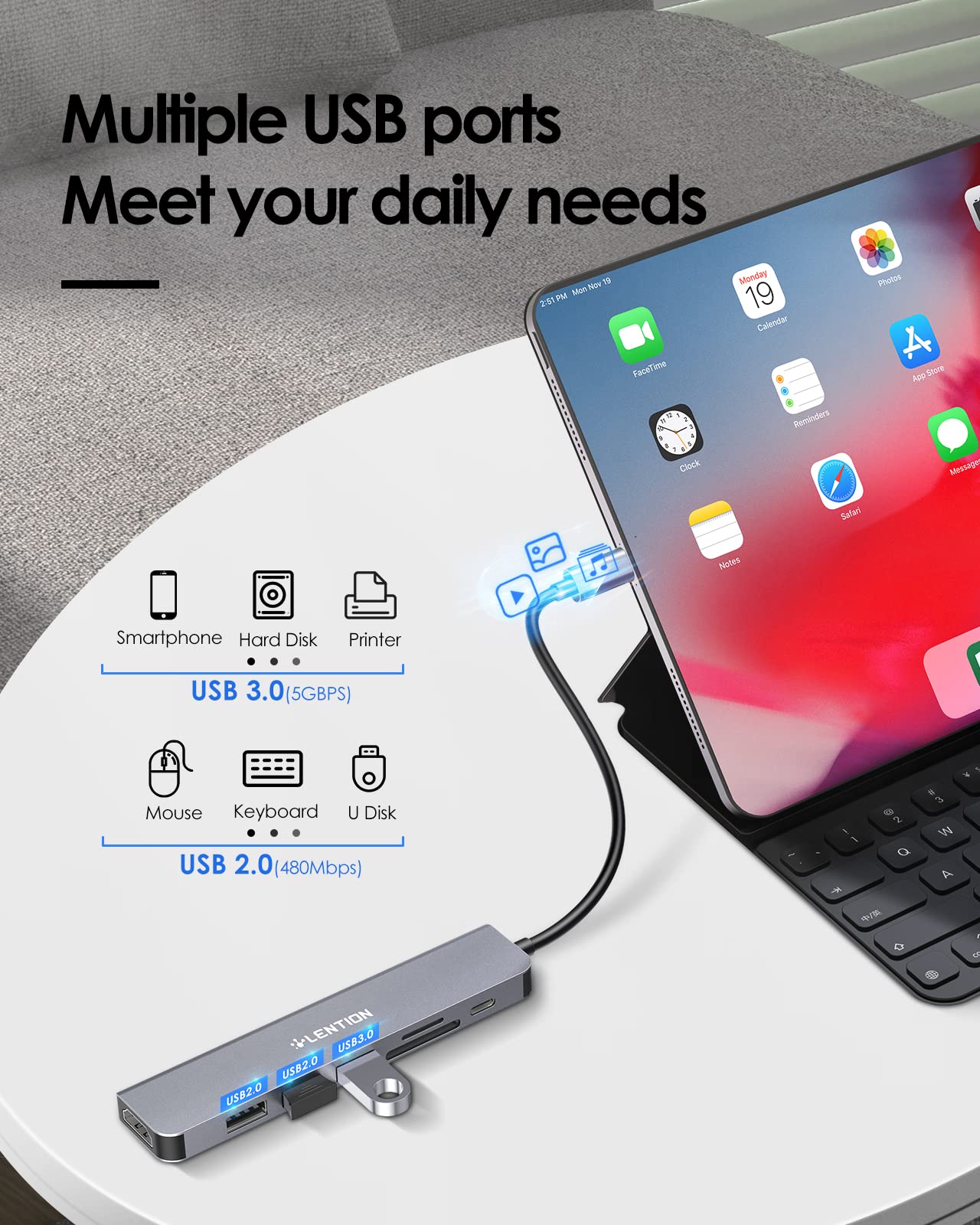 LENTION Hub USB C con Carga 100 W, HDMI 4K, Lector de Tarjeta Dual, USB 3.0 y 2.0 para MacBook Pro 2023-2016, Nuevo Mac Air/Surface, Chromebook, etc, Adaptador con Stable Driver (CE18, Gris Espacial)