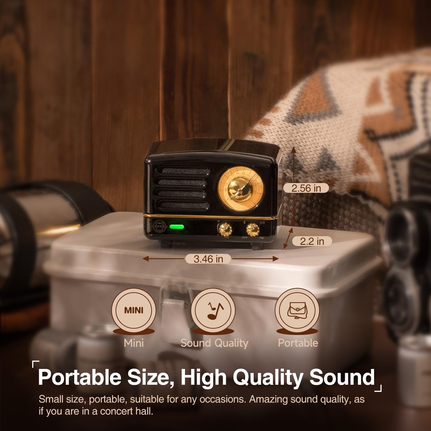 Muzen - Altavoz Bluetooth portátil, Altavoz inalámbrico pequeño de Metal OTR, Radio FM con Antena AUX, 10 Horas de Tiempo de reproducción prolongado, Audio estéreo de Alta fidelidad con veliz,