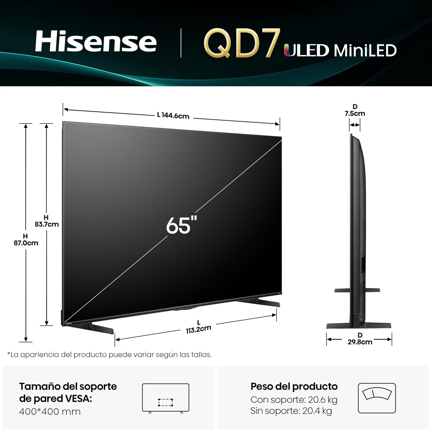 Hisense Television QD7QFM (Modelo 2025) Pantalla 65 Pulgadas,Mini-LED Smart Fire TV UHD 4K,Control Remoto por Voz con Alexa,Hi-View AI Engine,Modo de Juego Plus,Dolby Vision·Atmos