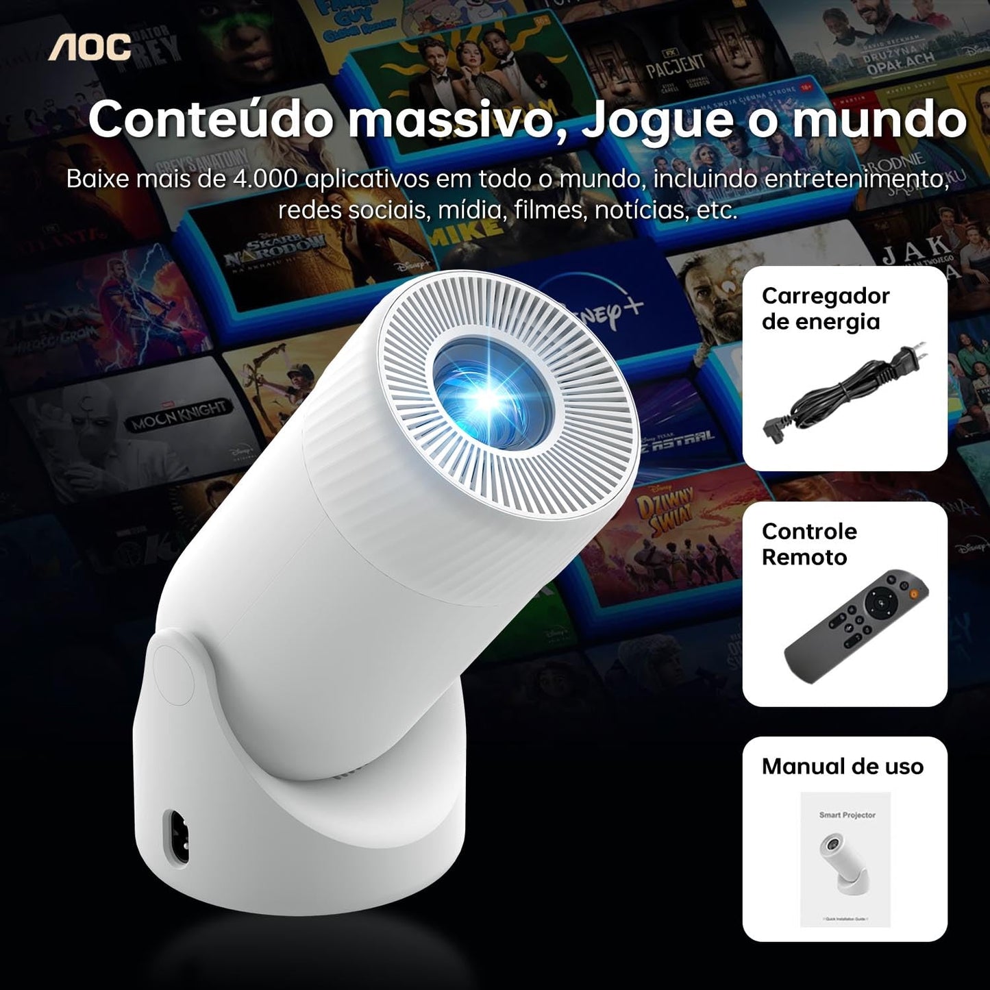 AOC Projetor Portátil WiFi/Bluetooth, Projetor 4K Full HD, 180° Rotação, 8000 Lúmens, 220 ANSI, Correção Keystone, para/Notebook