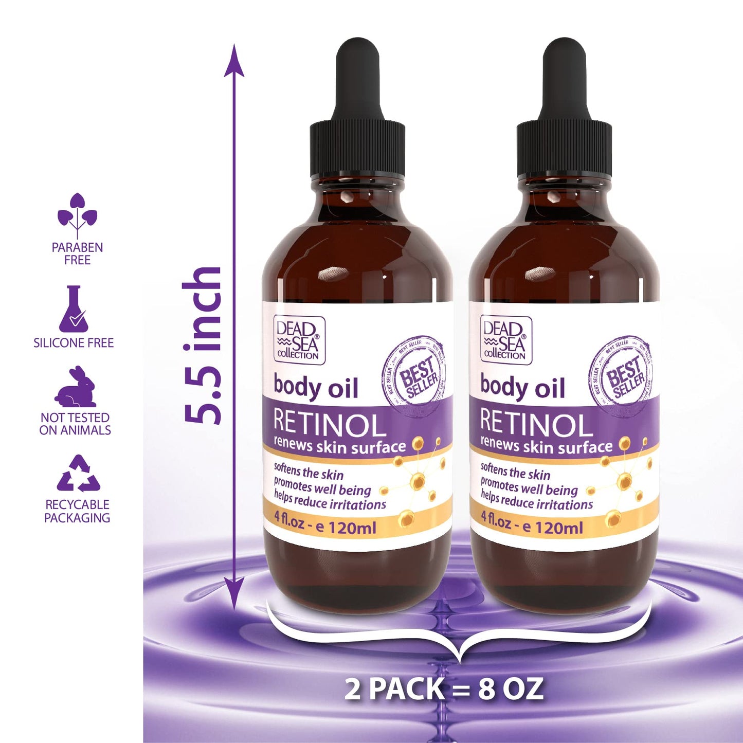 Dead Sea Collection VERSAINSECT ollection Body Oil with Retinol - Dry Skin Moisturizer and Hydrating Massage Oil - Nourishing Bath Oil-Increase Skin Elasticity and Provide Anti-Aging Support for Your Body (Pack of 2)
