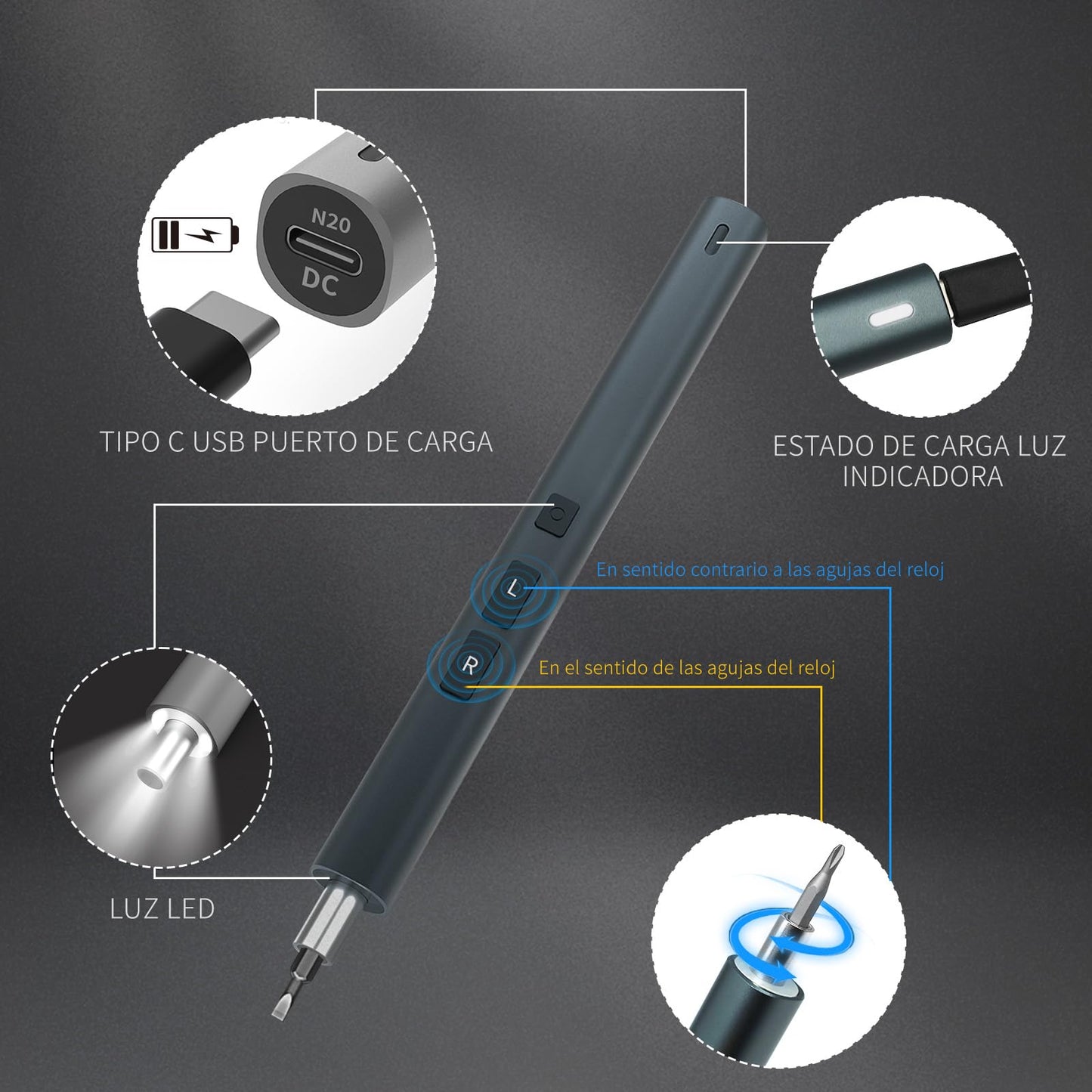 Destornillador Electrico, 57en1 Destornillador Eléctrico de Precisión con Luz LED, Atornillador Magnético Recargable, Adecuado para Reparar Gafas, Televisores, Computadoras, Teléfonos Móviles, Cámaras