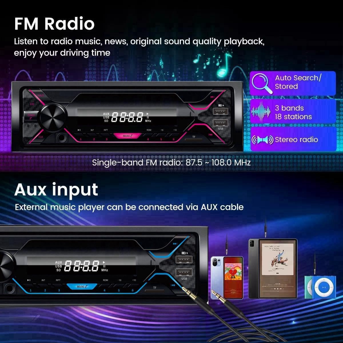 Auto Estereo Bluetooth MP3 Radio Reproductor Música De Coche Manos Libres FM SD Aux USB Luz Multicolores