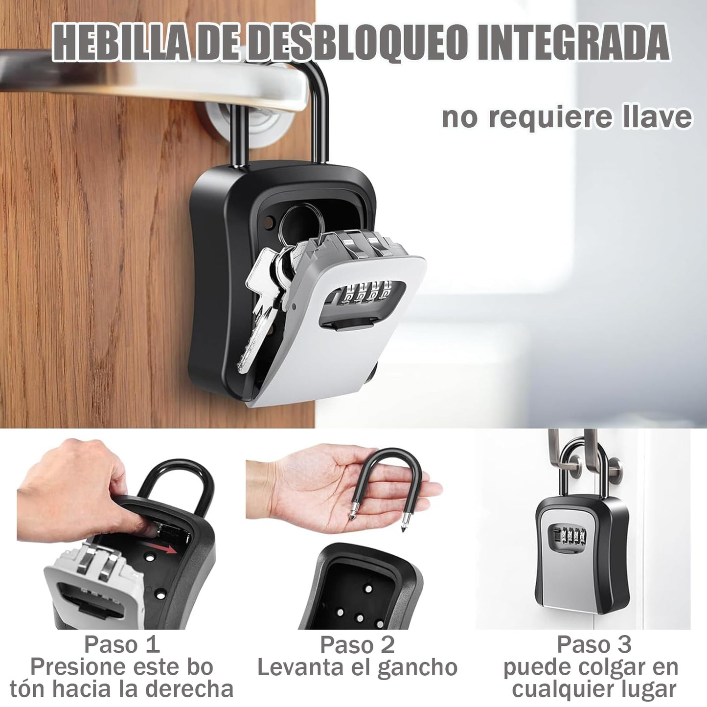 Caja de Llaves Aleación con Gancho,Caja Fuerte De Almacenamiento con Candado de Combinación Montada Pared para Llaves,Adecuado para Hogar,Oficina,Almacenamiento de Llaves de Repuesto (Gris)
