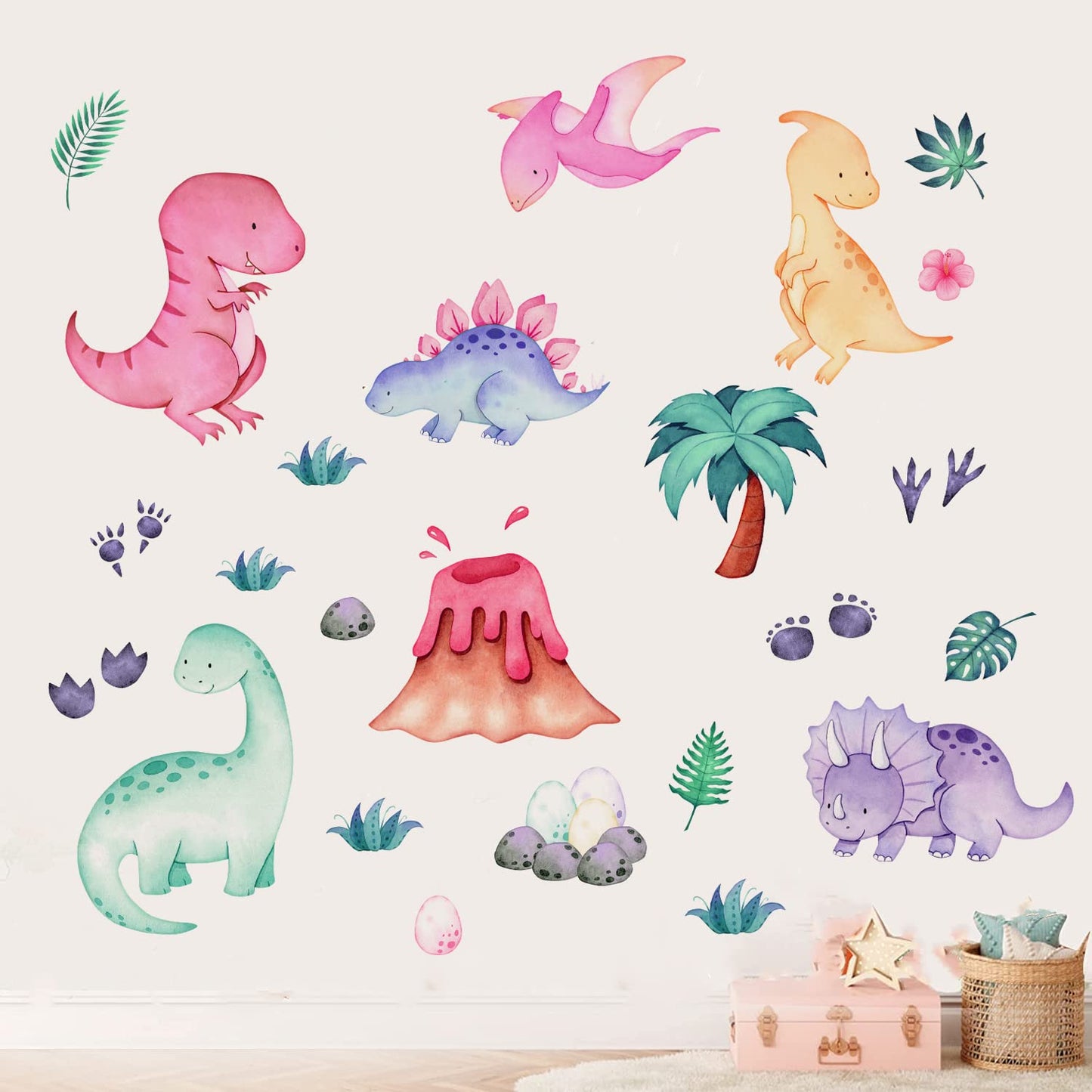 Decoración de dinosaurio de niña para cuarto de bebé, calcomanías de pared de dinosoar, decoración para recámara de niñas, calcomanías de pared de dinosaurio, calcomanías de pared para baby shower, fiesta, deor, decoración de pared de habitación de niña p