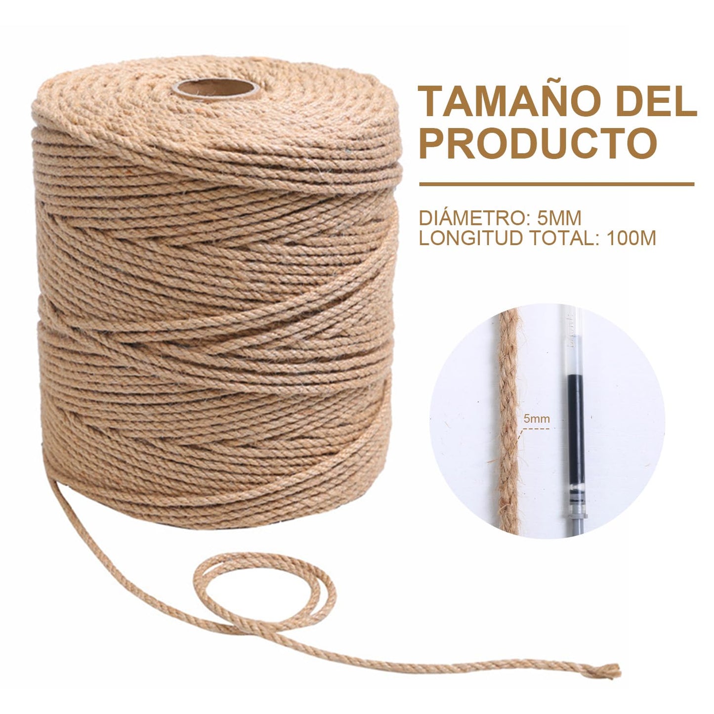 AEVIORA Cuerda de Sisal Natural para Gato Rascar, Cuerda de Yute Natural de 5MM*100M de Grosor para Postes de Arañazos, Duradero y No Suelto, Adecuado para Reparación y Reemplazo de Árboles de Gatos