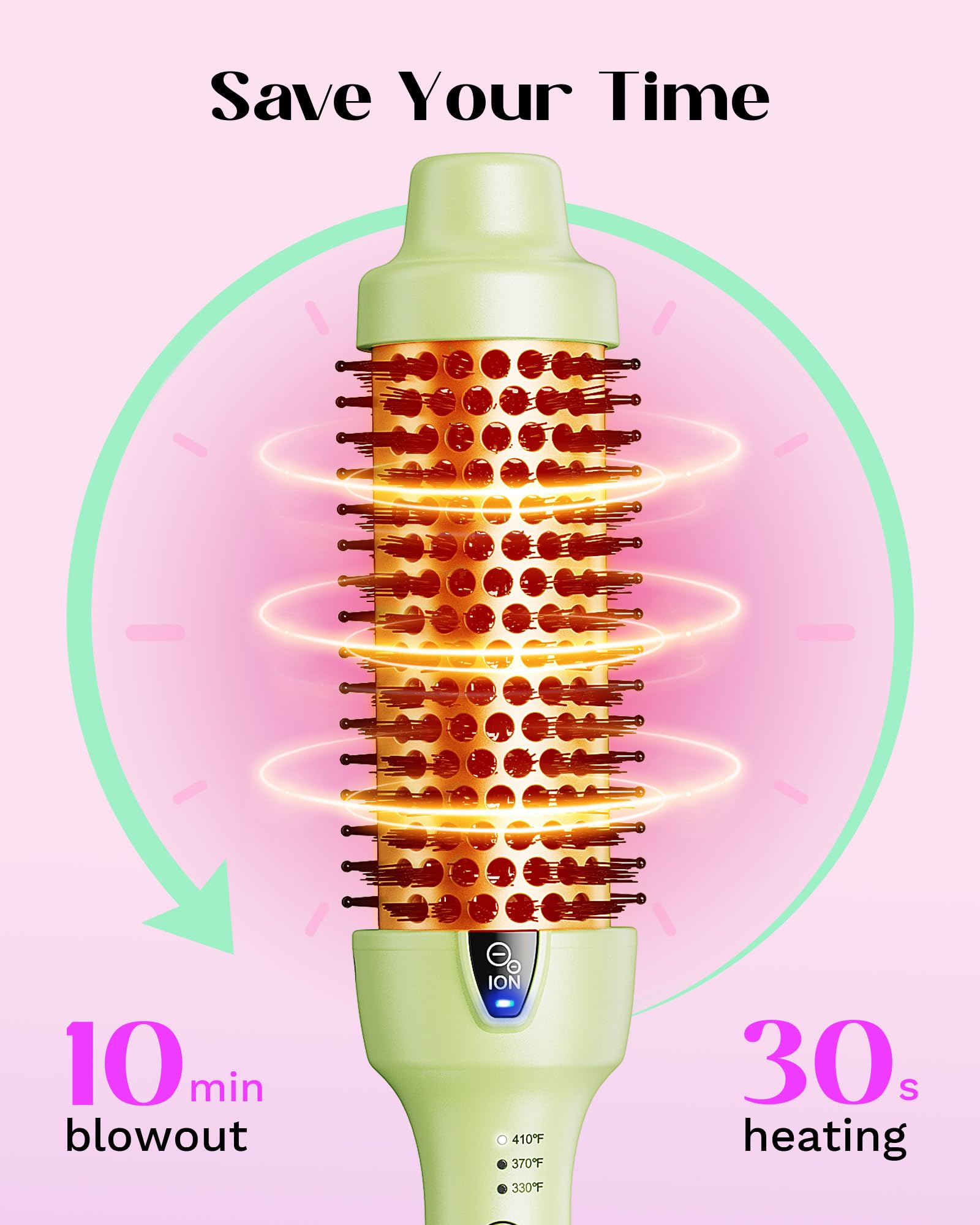 Wavytalk Cepillo térmico de 1.5 pulgadas Blowout Express iónico calentado que crea un aspecto soplado que hace que el cabello sea más brillante y suave, doble voltaje, fácil de usar (verde)