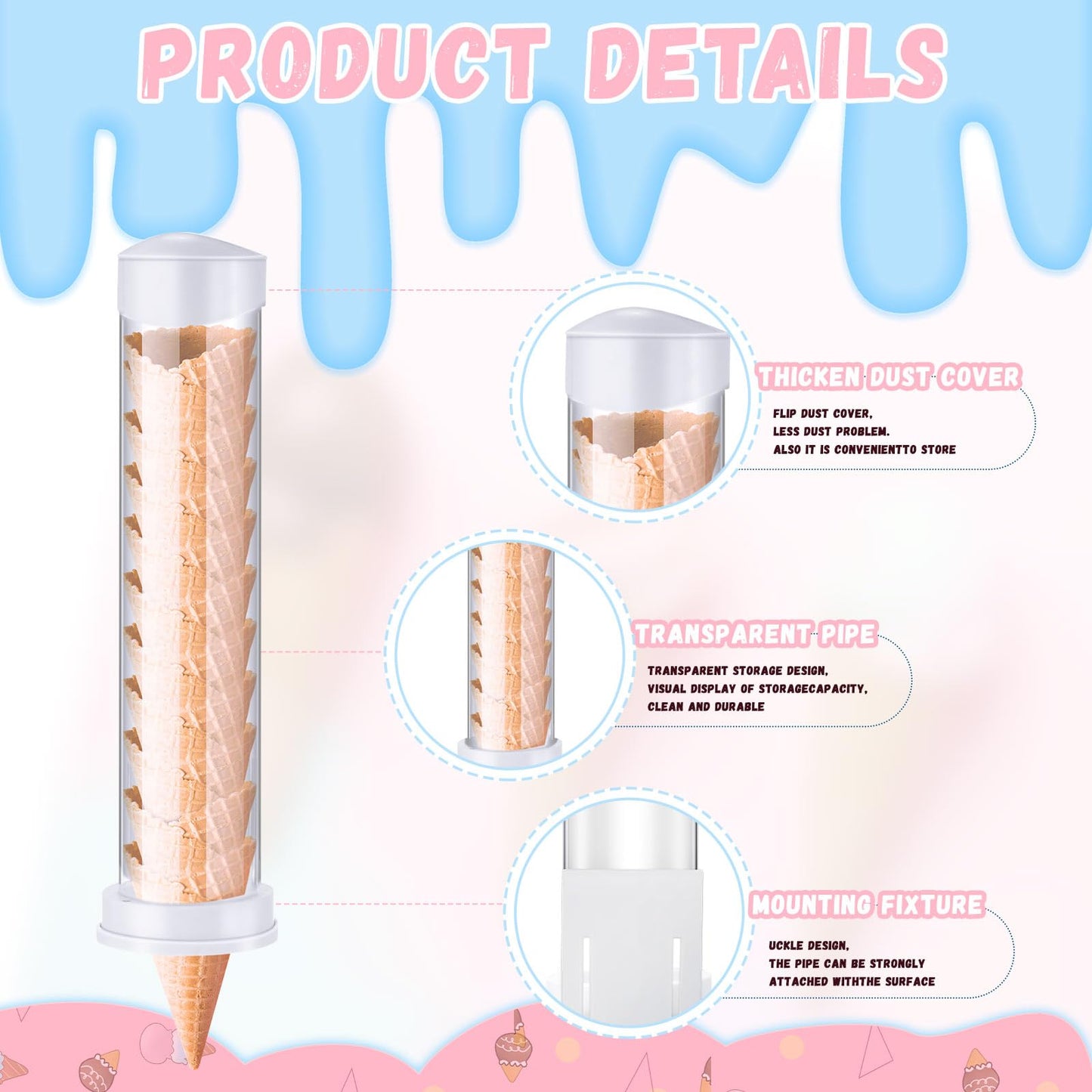 Dispensador de Conos de Helado Tioncy 16 Pulgadas x 3 Pulgadas de Diámetro con Soporte para Montes en Pared