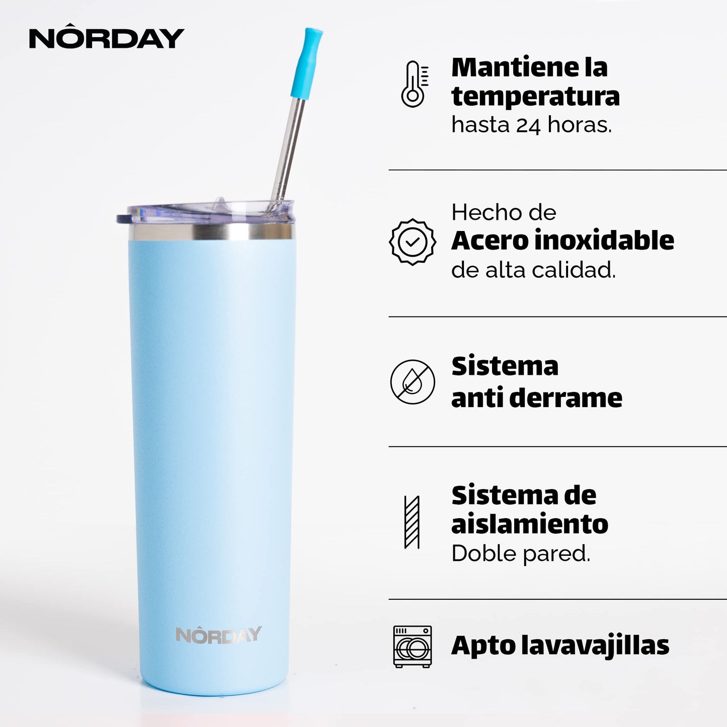 Vaso Térmico Norday Acero Inoxidable Sky 22 oz Doble Pared Antiderrame para Viaje