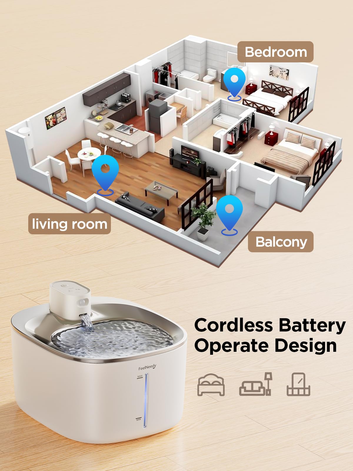 Fuente de Agua Inalámbrica Feelneedy Blanco Sensor de Movimiento Ultra Silenciosa para Mascotas 4L para Gatos y Perros