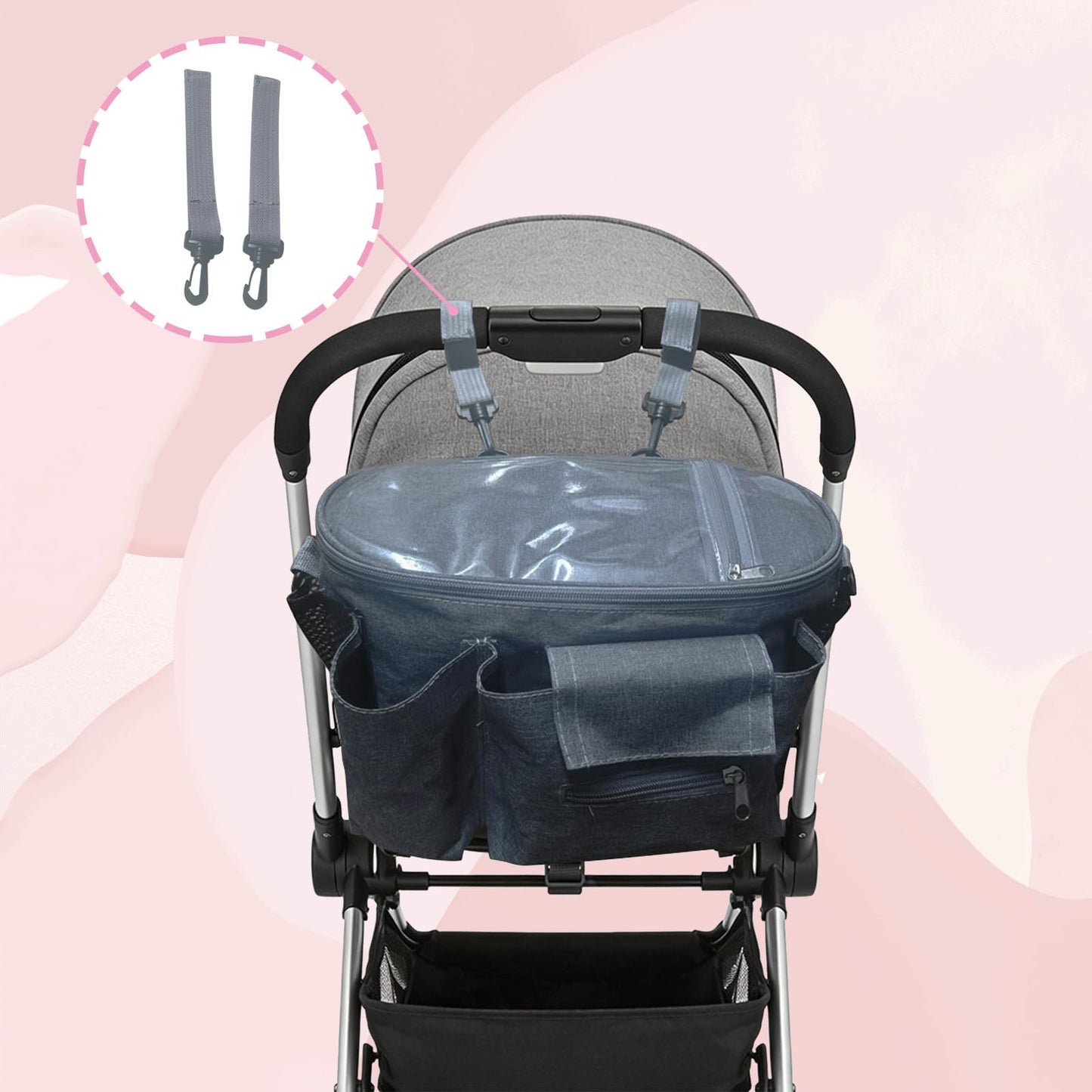 Pequeña bolsa de pañales, bolsas de viaje para mamás, múltiples bolsillos, gancho para carriola, correa ajustable, bolso portátil para padres (gris)