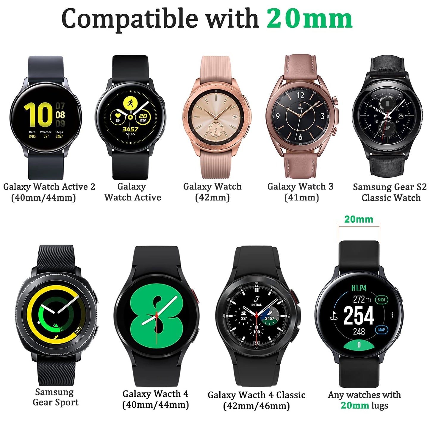 Paquete de 4 correas compatibles con Samsung Galaxy Watch 4 Bands 40 mm 44 mm, Galaxy Watch 4 Classic Band 42 mm 46 mm, 20 mm correa deportiva de silicona ajustable correa de repuesto para Galaxy Watch 4 mujeres hombres (Negro / Gris / Azul Marino / Blanc