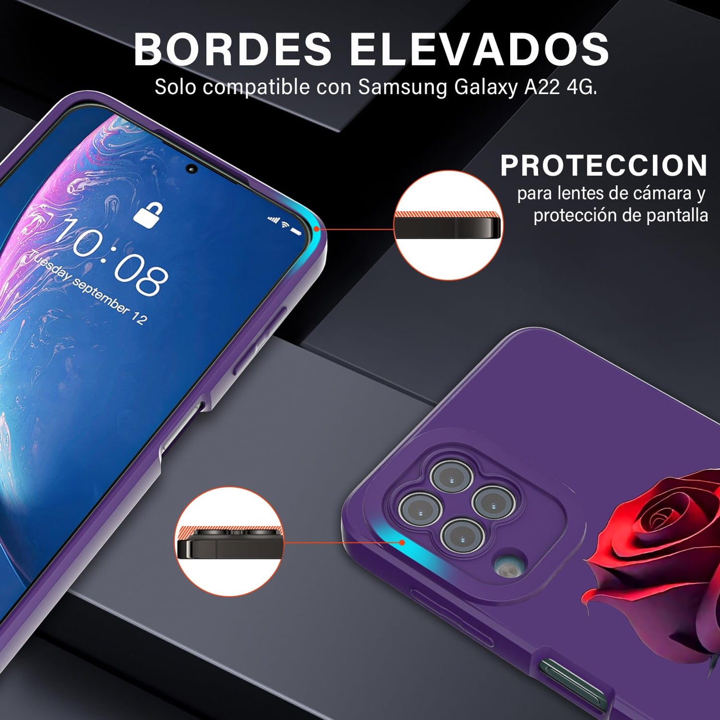 Threehao Funda para Samsung Galaxy A22 4G Case Uso Rudo, Ultra Delgado Flexible Silicona Púrpura Carcasa con Aesthetic Dibujos Flores, Antigolpes Anti-arañazos Protectora