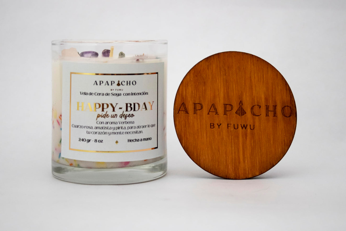 Fuwu, velas aromaticas relajantes Happy Birthday de cera de soya con cuarzos naturales, velas decorativas hechas a mano con hierbas de olor, aromatizantes para hogar, regalos de cumpleaños (Verbena)
