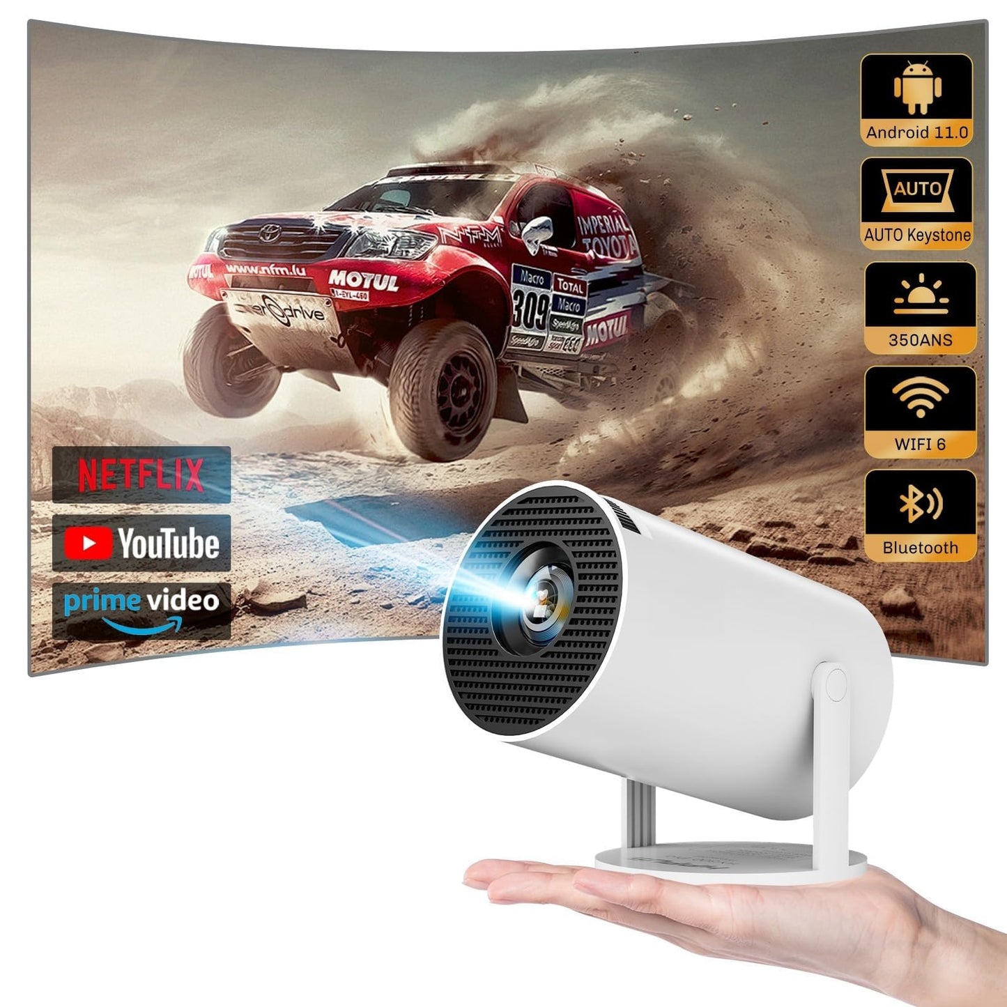 GILLAS Mini Proyector Inteligente con 4K 5G WiFi, Experiencia de Pantalla Grande con Sonido Premium, Pantalla de 150 Pulgadas,Proyector de Películas Bluetooth 5.2 Compatible con Android/iOS/HDMI/USB