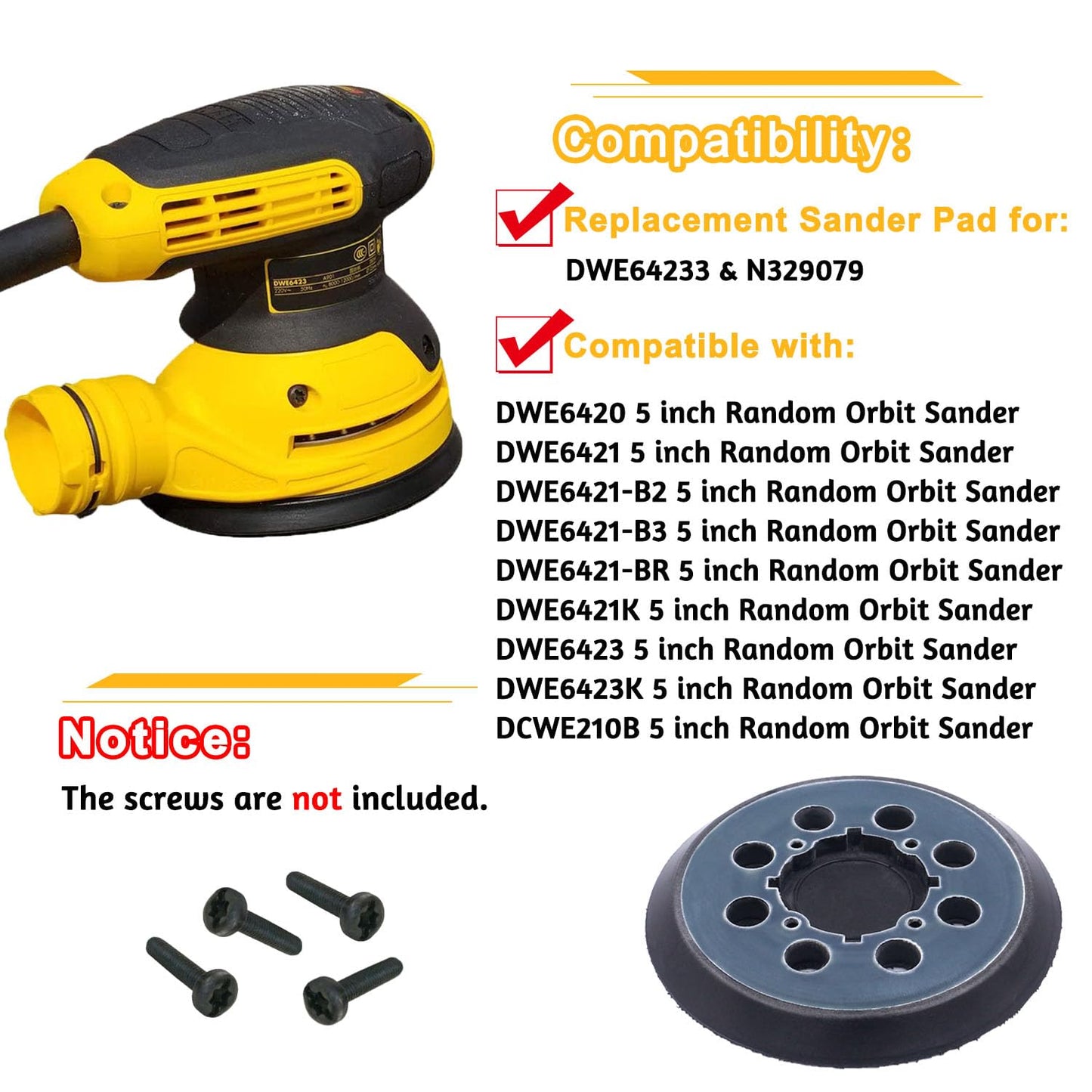 Paquete de 4 almohadillas para orejas de lijado de repuesto de gancho y bucle de 5 pulgadas para DeWalt DWE64233 y N329079 compatible con DWE6423/6423K, DWE6421/6421K, DWE6421-B2, DWE6421-B3, DWE6421-BR, DCC. W210B (4 paquetes)