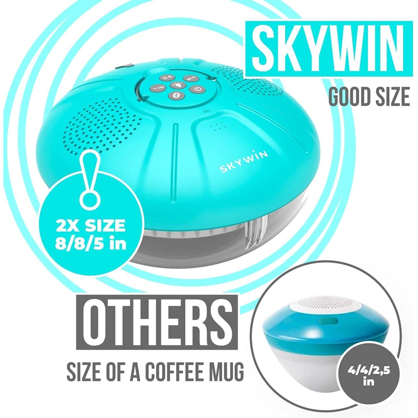 Skywin Hot Tub Speakers and Speakerphone - Disco Light Floating Waterproof IPX7 Large Wireless Pool and Shower Speaker - Pool Speakers Support Dual Speaker Connection and Feature Quality 2.1 Sound