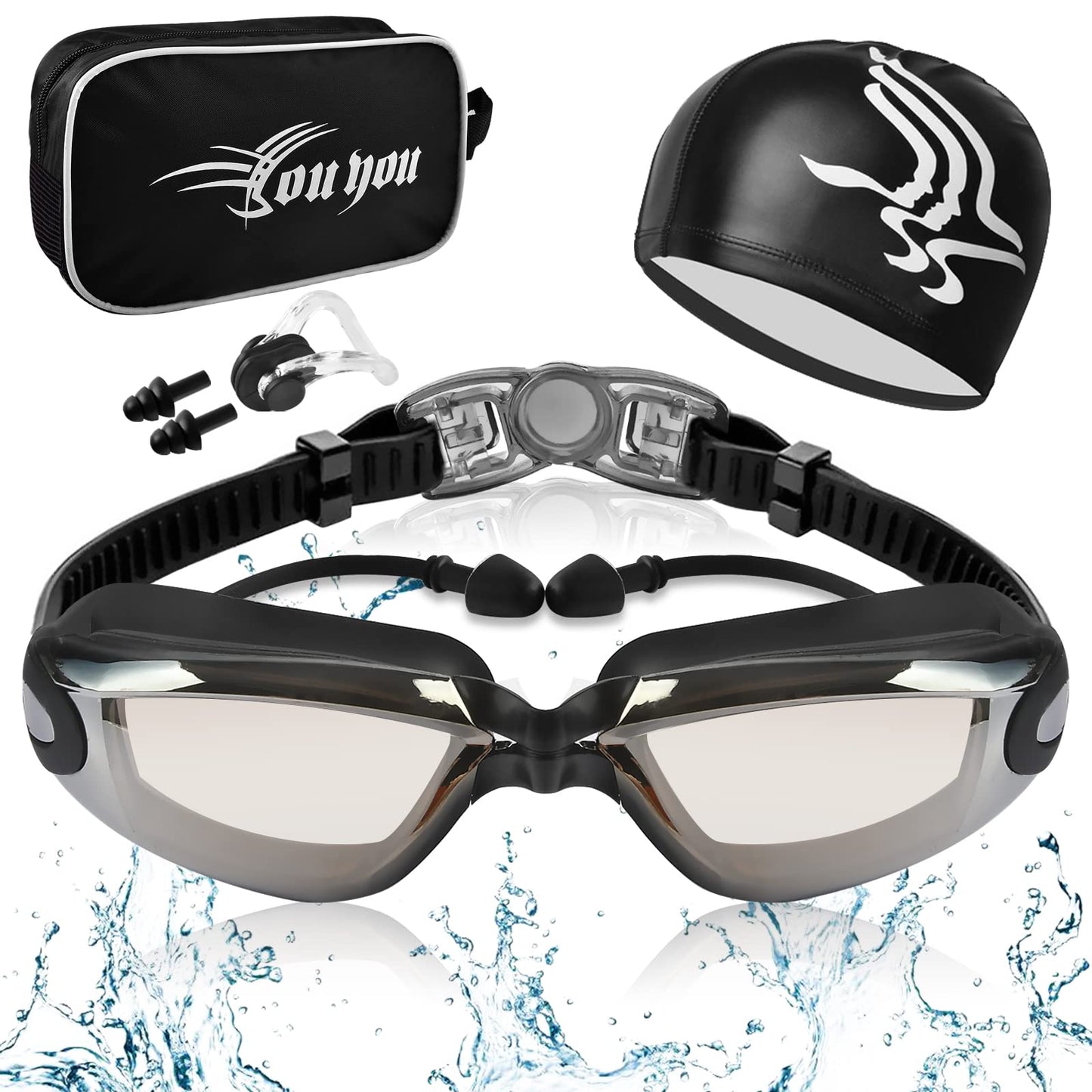 Gafas de Natación, Kit de Natación 5 en 1, Incluye Gafas de Natación, Gorro de Natación, Auriculares y Clips para la Nariz, Bolsa de Natación, Adecuado para Hombres y Mujeres Adultos y Niños Negro