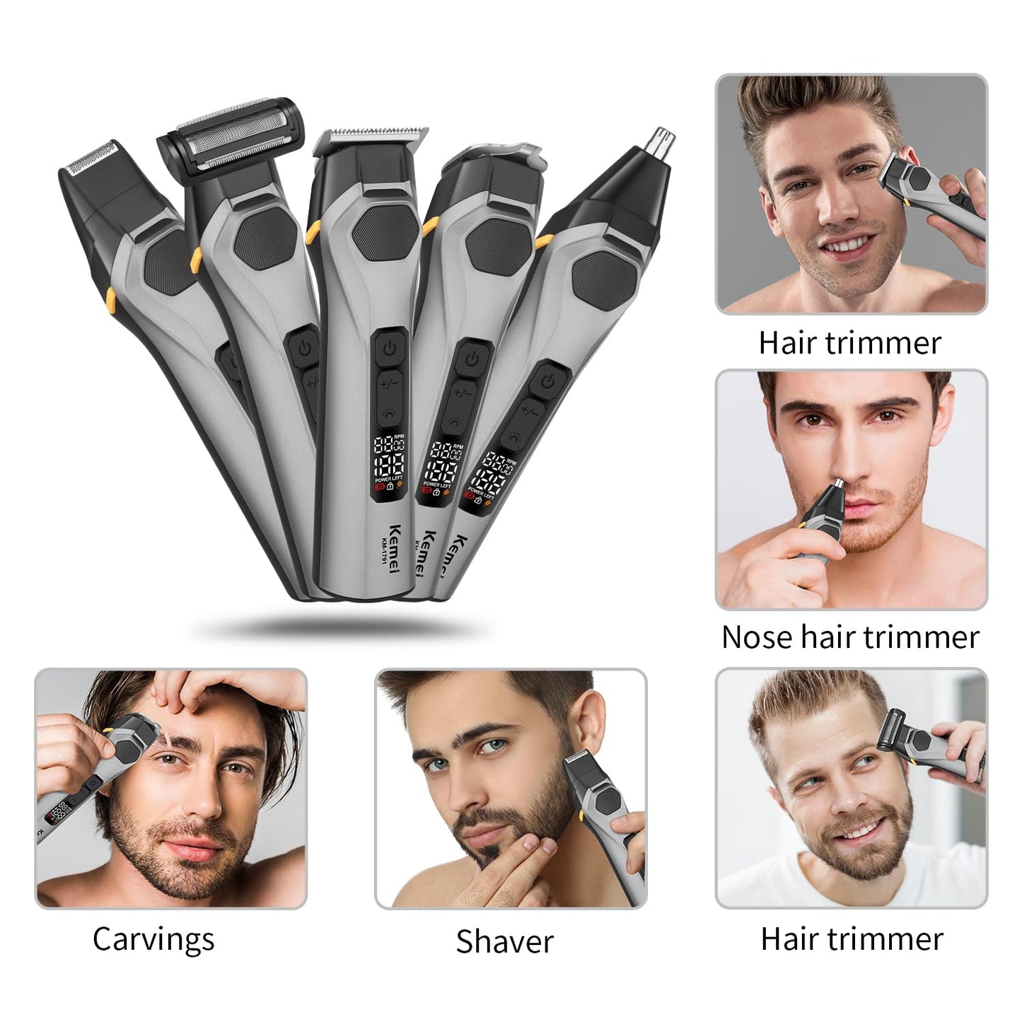 KEMEI Professions - Recortadora de barba para hombre, inalámbrica, IPX6, impermeable, para hombre, para iluminación nocturna, lámpara recargable para nariz, cuerpo, cara y bigote con pantalla LED